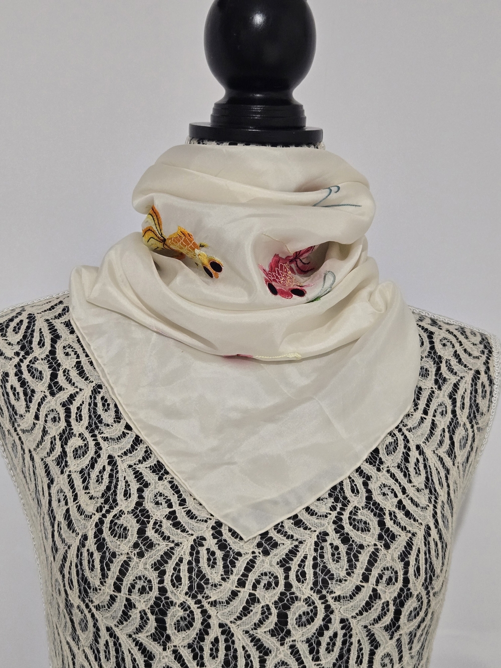 Ivory Silk Scarf with Embroidered Koi Accents - Picture 2 of 7